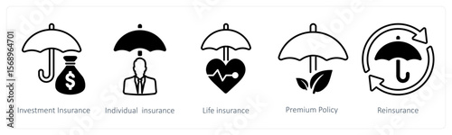 A set of 5 mix icons as investment insurance, individual insurance, life insurance