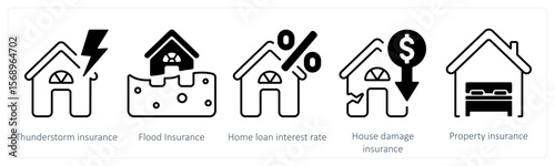 A set of 5 mix icons as thunderstrom insurance, flood insurance, home loan interest rate