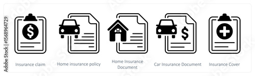 A set of 5 mix icons as insurance claim, home insurance policy, car insurance document