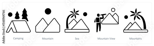 A set of 5 mix icons as camping, moutain, sea