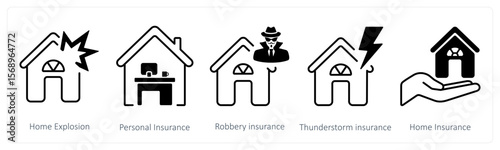 A set of 5 mix icons as home explosion, personal insurance, robbery insurance