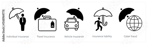 A set of 5 mix icons as individual insurance, travel insurance, vehicle insurance