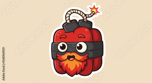 Cute Cartoon Bomb with Beard and Lit Fuse