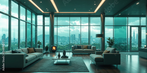 High-tech living room in muted teal, with smart glass windows that adjust their opacity based on the time of day