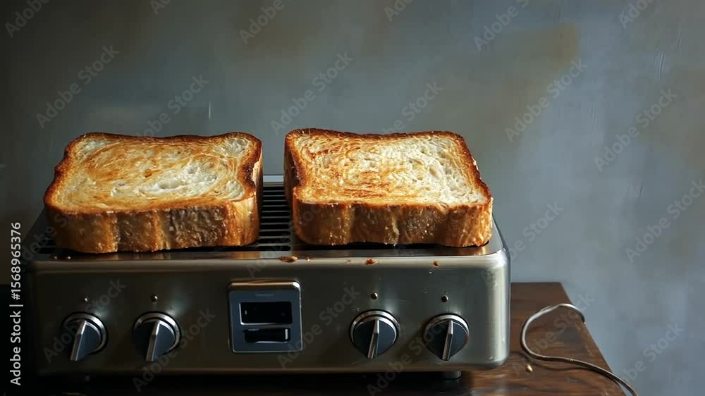 Classic toaster with two slices of toasted bread on a rustic wooden surface ready to serve