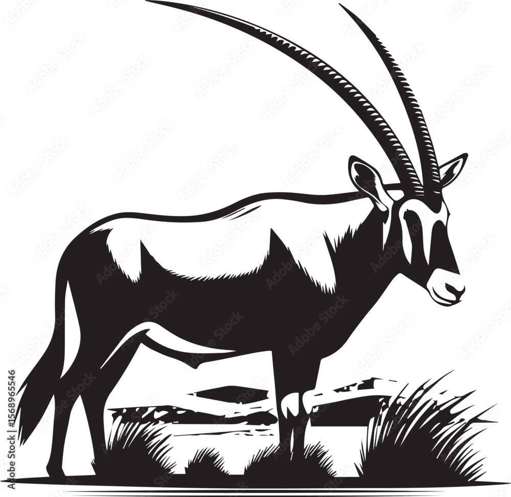 Fototapeta premium Oryex Animal Illustration Vector in Black & White | Minimal Monochrome Wildlife Art
