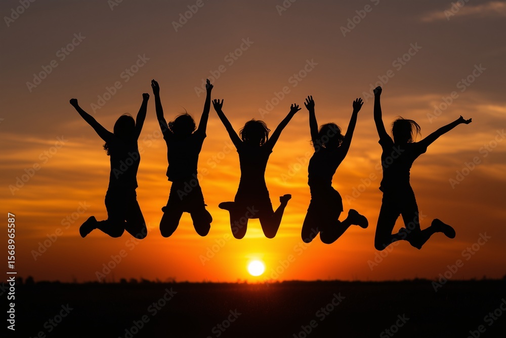 Fototapeta premium Happy friends jumping sunset, Silhouettes against orange sky, Perfect for joy teamwork or adventure
