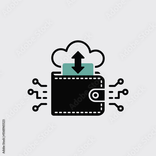 Minimalist vector icon depicting a black wallet with a teal cloud above it symbolizing data transfer upward and downward circuit lines extend from the wallet suggesting digital connectivity