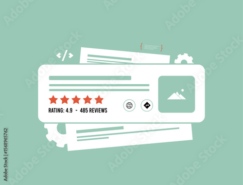 Local SEO concept with business rating, structured data card, review stars and schema markup elements for rich results and search optimization. Local seo rich search results vector illustration