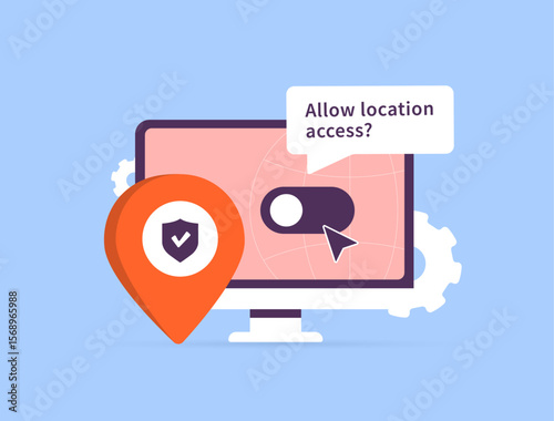 Location tracking request on desktop screen with GPS icon, map and toggle switch privacy settings. Geolocation access, user data control and gps permission. Flat location tracking vector illustration