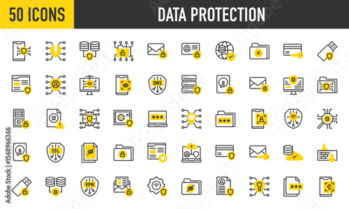 50 Data Protection icons. such as Dns, Public, Ip Address, Secure Folder, Profile, Key, Encrypted Data, Network, Ssl, Settings, Cloud Server, Restricted, World Grid stroke vector illustration.