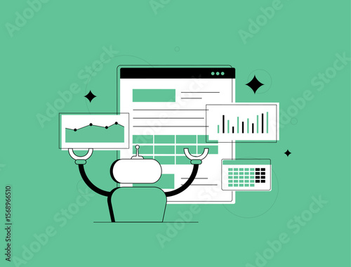 AI automation system managing data analysis, business intelligence reports. Robotic process automation with performance charts and SEO analytics tools. AI automation flat vector illustration