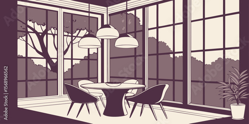 Elegant dining room with modern pendant lights and large windows overlooking nature vector illustration  with dark purple background 
