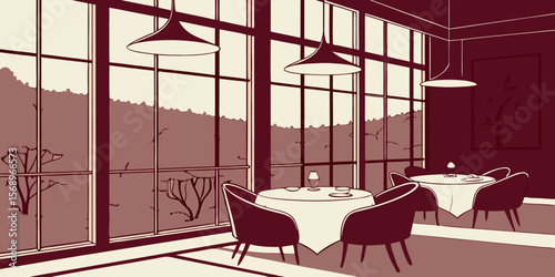 Elegant dining room with modern pendant lights and large windows overlooking nature vector illustration  with dark red background 
