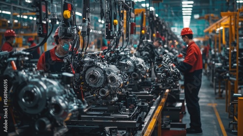Workers assemble engines on a production line.