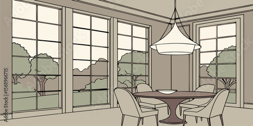 Elegant dining room with modern pendant lights and large windows overlooking nature vector illustration.
