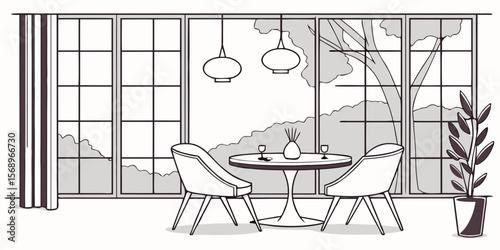 Elegant dining room with modern pendant lights and large windows overlooking nature vector illustration.