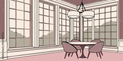 Elegant dining room with modern pendant lights and large windows overlooking nature vector illustration  with dark pink background.
