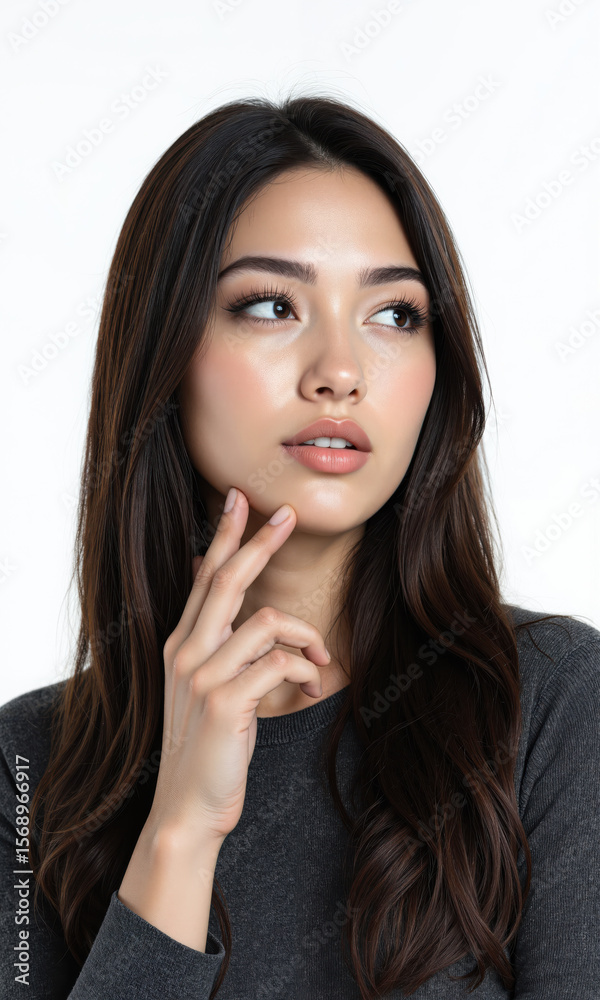 Young Woman Thinking Pensive Look Isolated A medium shot shows a young woman with long dark hair, wearing a dark Young Woman Thinking Pensive Look Isolated A medium shot shows a young woman with long dark hair, wearing a dark