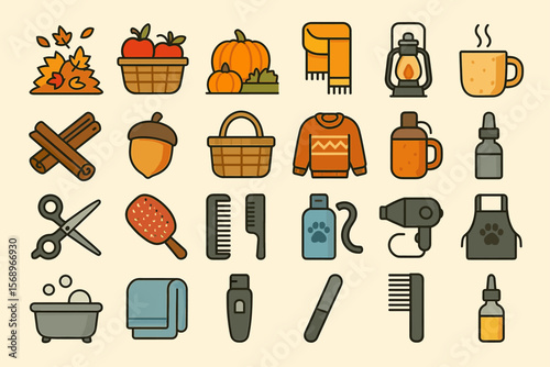 Cozy autumn icons: warm beverages, seasonal clothing, and hair care essentials