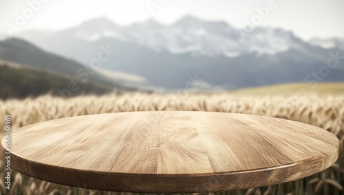 Empty wooden table in wheat field with mountain backdrop