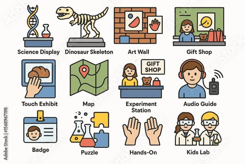 Museum icons collection: science display, dinosaur skeleton, art wall, gift shop, interactive exhibits