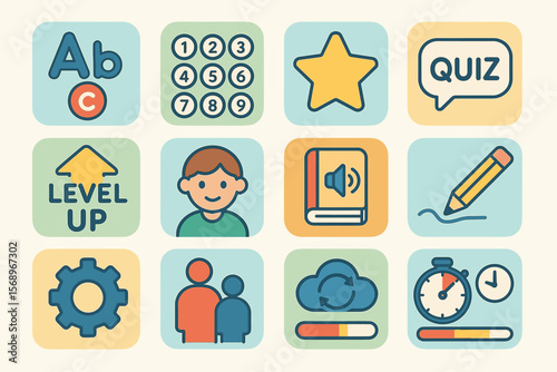 Educational icons set: learning tools and symbols for digital platforms