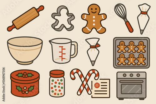 Christmas baking icons: gingerbread cookies, baking tools, and holiday treats
