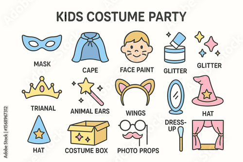 Kid's costume party accessories with mask, cape, and glitter for creative dress-up fun