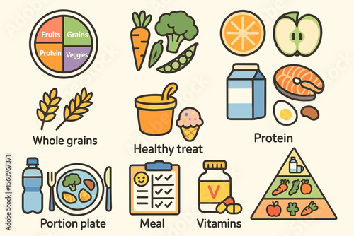 Colorful balanced diet symbols including fruits, grains, protein, vegetables, and healthy treats