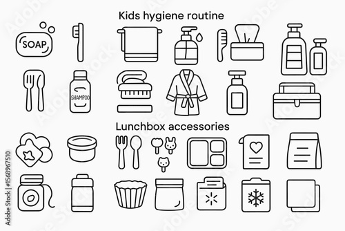 Icons illustrating kids hygiene routine and lunchbox accessories