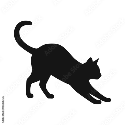 Black silhouette of a cat stretching with its tail curved upwards on a white background.
