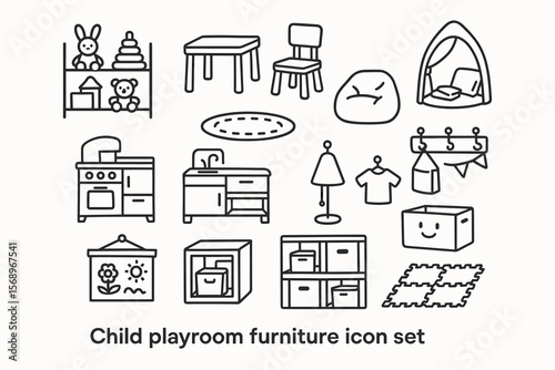 Child playroom furniture icon set with toys, storage, and play equipment