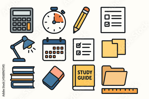Collection of study and office supplies icons in flat design