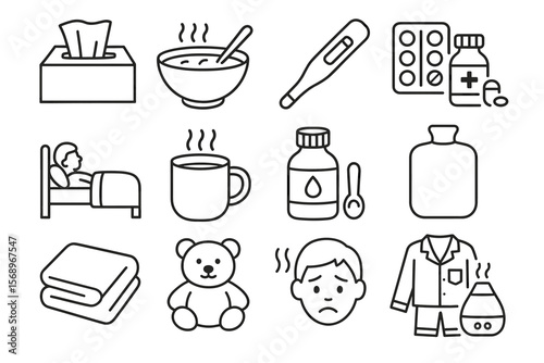 Cold and flu remedies: outline icons of thermometer, medicine, and home care items