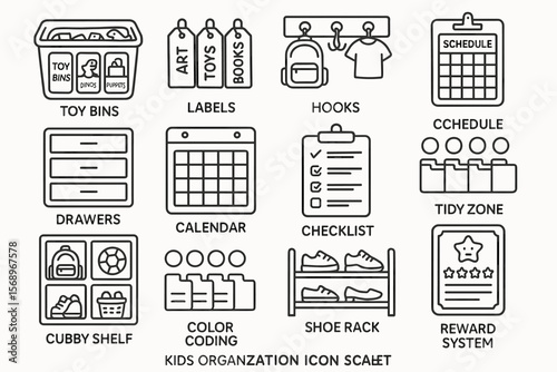 Kids organization icon set: toy bins, labels, hooks, schedule, drawers, calendar, checklist