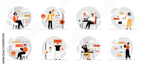 Bundle of Blocking Banned User Account on Social Media with people scene in flat cartoon design. Collection work with men and women. People is worried about error notification, access denied.