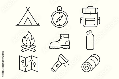 Camping adventure icons: tent, compass, backpack, campfire, hiking boot, water bottle, map, flashlight, sleeping bag