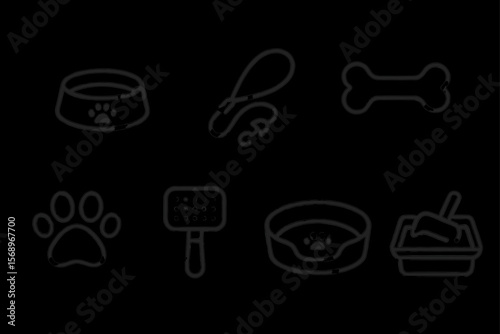 Pet care icons set: bowl, leash, bone, paw, scooper, bed, litter box