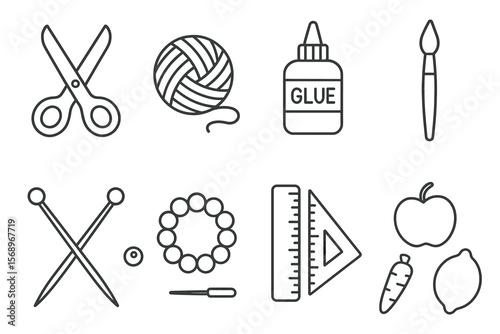 Craft tools and materials: scissors, yarn, glue, brush, knitting needles, beads, ruler, apple, carrot, lemon