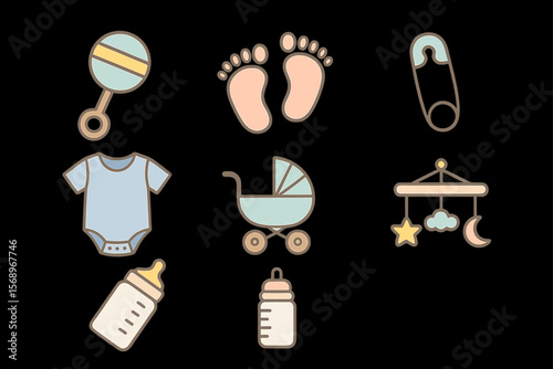 Cute baby icons collection featuring rattle, footprints, and stroller