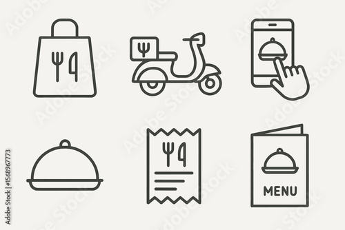 Food delivery icons: bag, scooter, smartphone, receipt, menu, and cloche