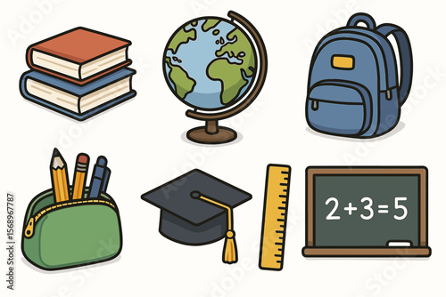 Educational icons: books, globe, backpack, and school supplies illustrations