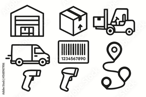 Warehouse logistics icons set: forklift, barcode, delivery truck, package, route