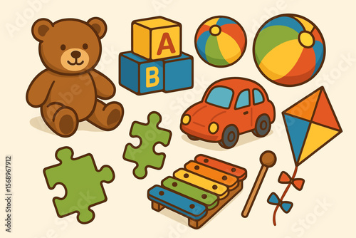Colorful children's toys featuring teddy bear, puzzle pieces, and musical xylophone
