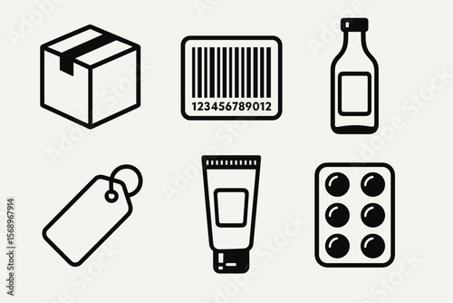Set of six black icons: box, barcode, bottle, price tag, tube, blister pack