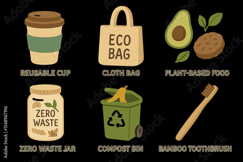 Eco-friendly essentials: reusable cup, cloth bag, plant-based food, zero waste jar, compost bin, bamboo toothbrush