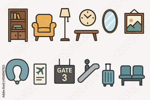 Icon set of furniture and airport elements including chair lamp sofa and travel symbols