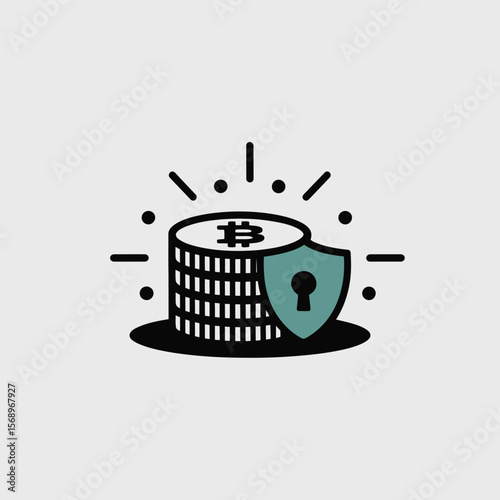 Minimalist vector icon depicting a stack of Bitcoin coins protected by a teal shield featuring a keyhole a simple design against a light gray background with radiating lines suggesting