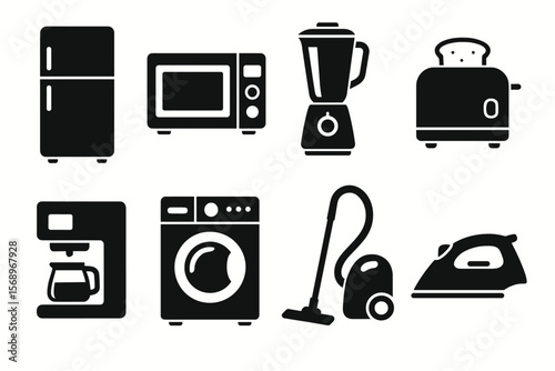Set of kitchen and home appliance icons in black silhouette style